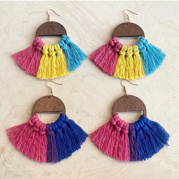 “Jubilee” Colorful  Fringe Pink & Yellow Boho Wooden Earrings - Picture 3 of 3